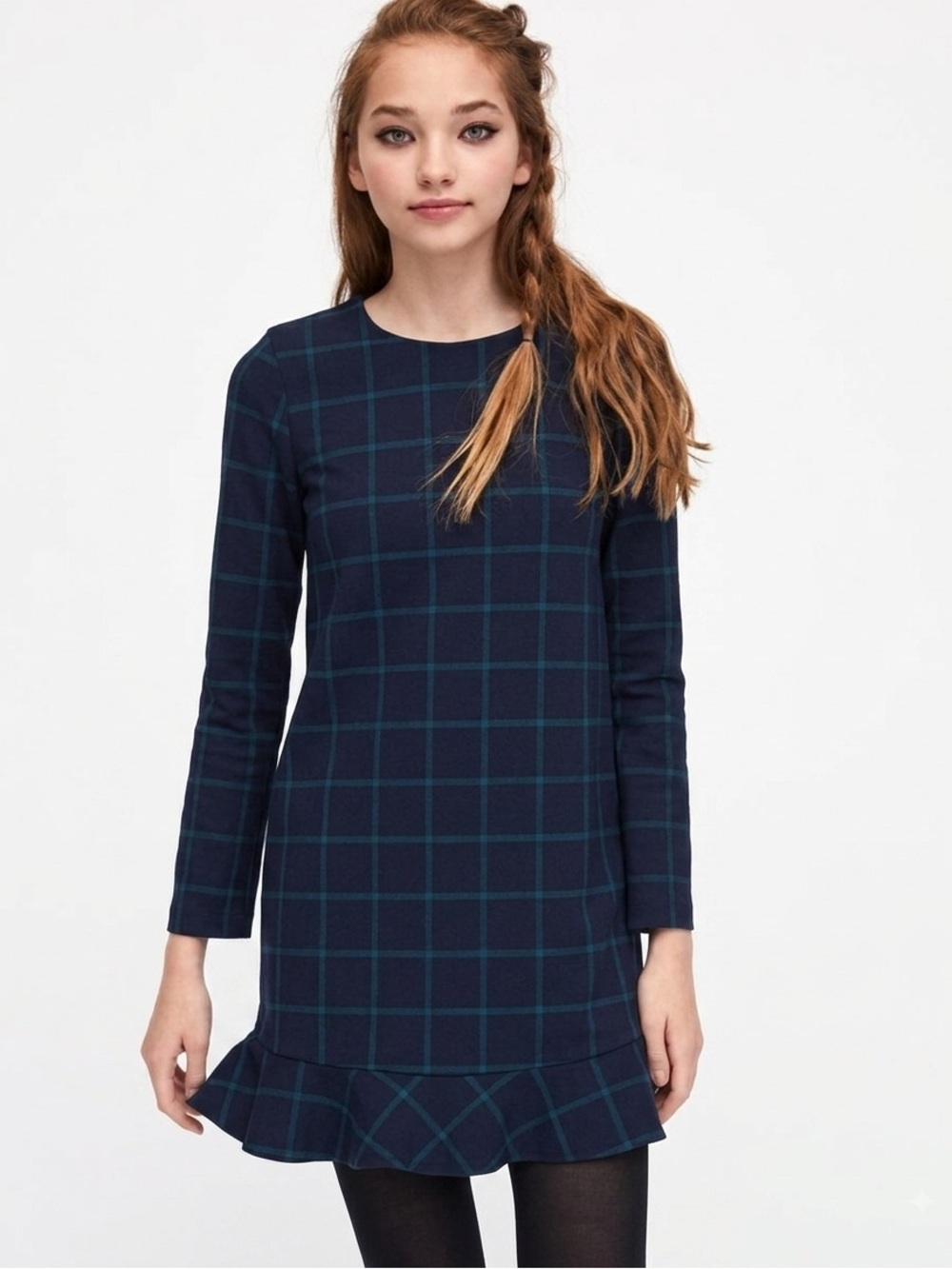 Zara Trafaluc Windowpane Plaid Ruffle Hem Long Sleeve Shift Dress Mini, size S